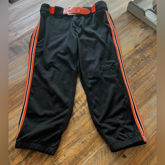 Black Softball Pants with Orange and White Stripe Accent w/ Belt - Picture 1 of 2